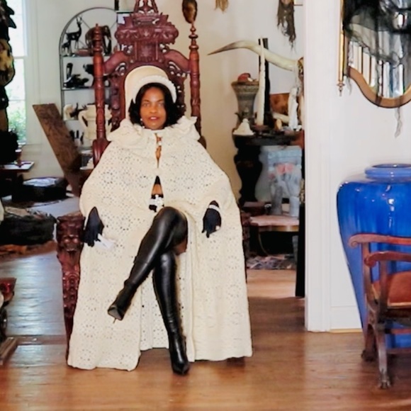 Jackets & Blazers - fab custom crotchet cream white long hooded cape coat S-M